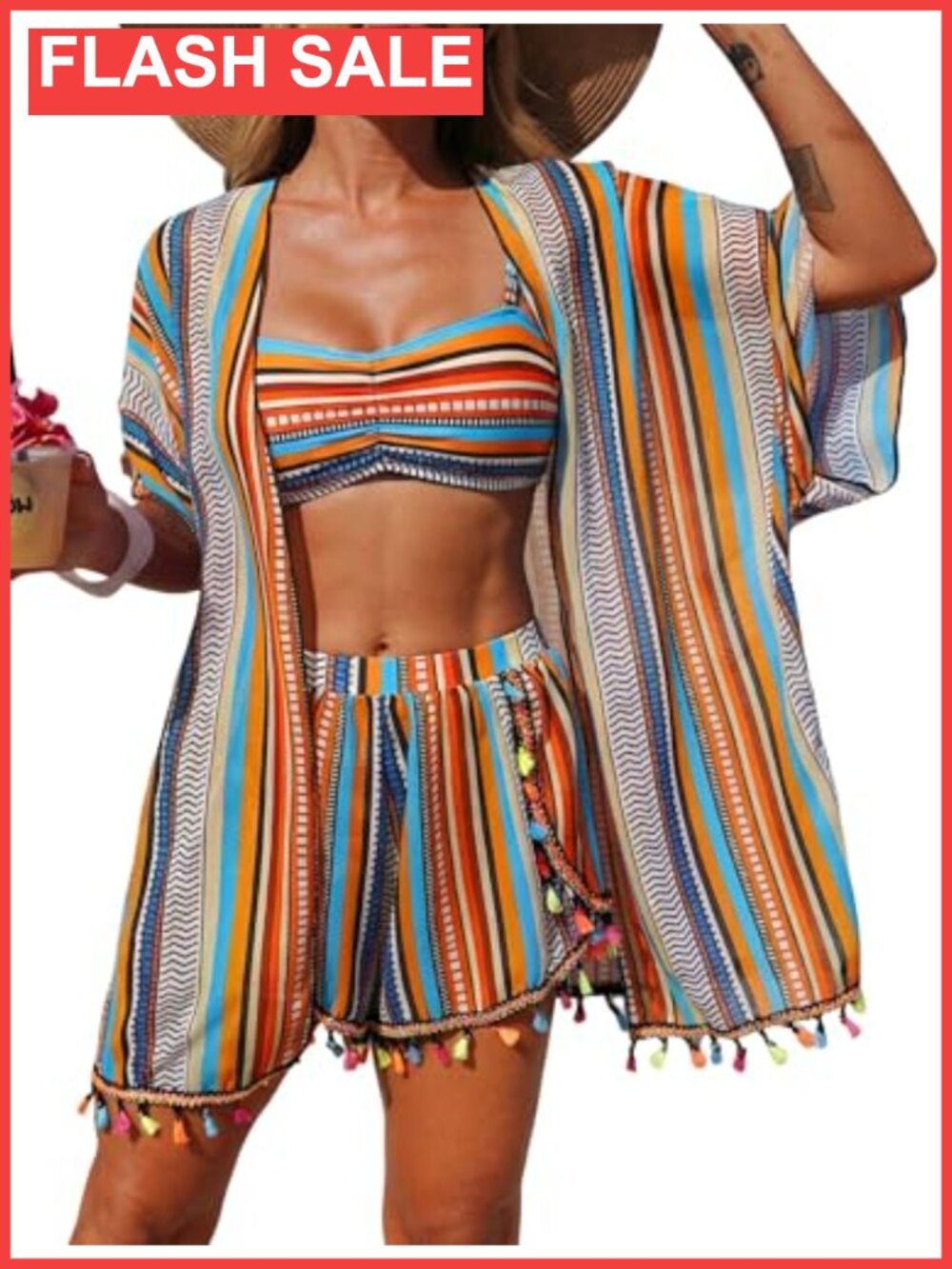 Women's 4 Piece Swimsuit Fringe Bikini Cover Up Boho Swimwear